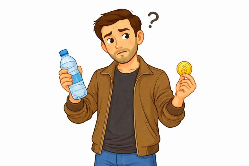 Phimosis Stretching: man confused holding a coin and a bottle