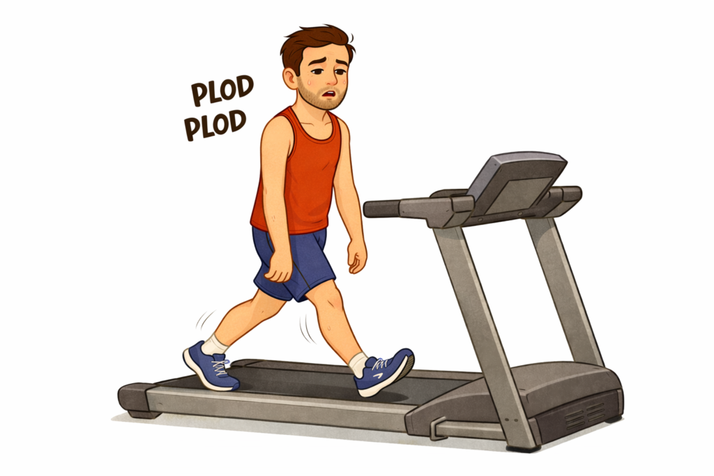 Phimosis Stretching: man lazily walking on running machine